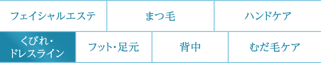 美顔　まつ毛　ハンドケア　くびれ・ドレスライン　レッグ・足元　背中　むだ毛ケア