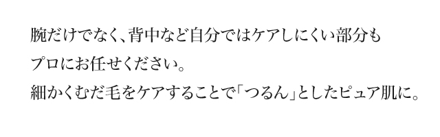 腕だけでなく、背中など自分ではケアしにくい部分もプロにお任せください。 細かくむだ毛をケアすることで「つるん」としたピュア肌に。